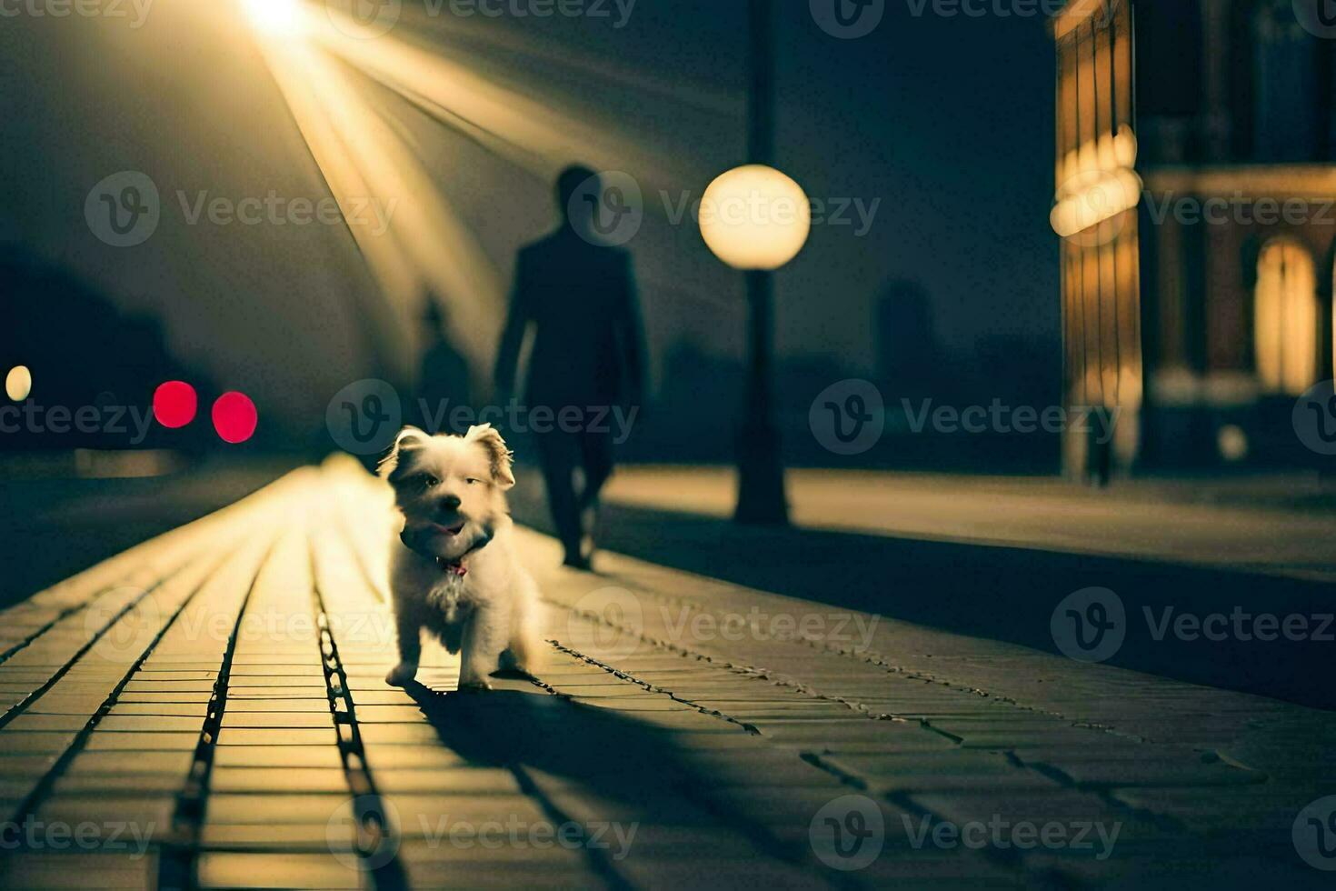 een klein wit hond is wandelen naar beneden een straat Bij nacht. ai-gegenereerd foto