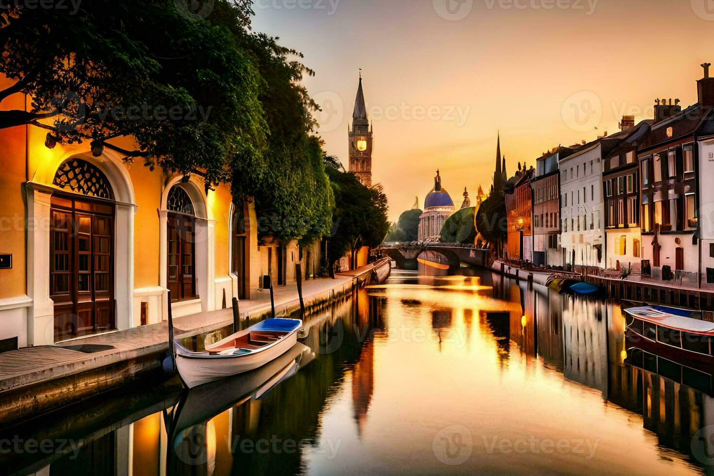 een kanaal in een stad Bij zonsondergang met boten. ai-gegenereerd foto