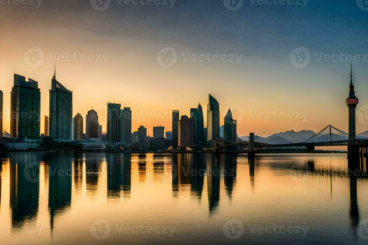 de horizon van Dubai Bij zonsondergang. ai-gegenereerd foto