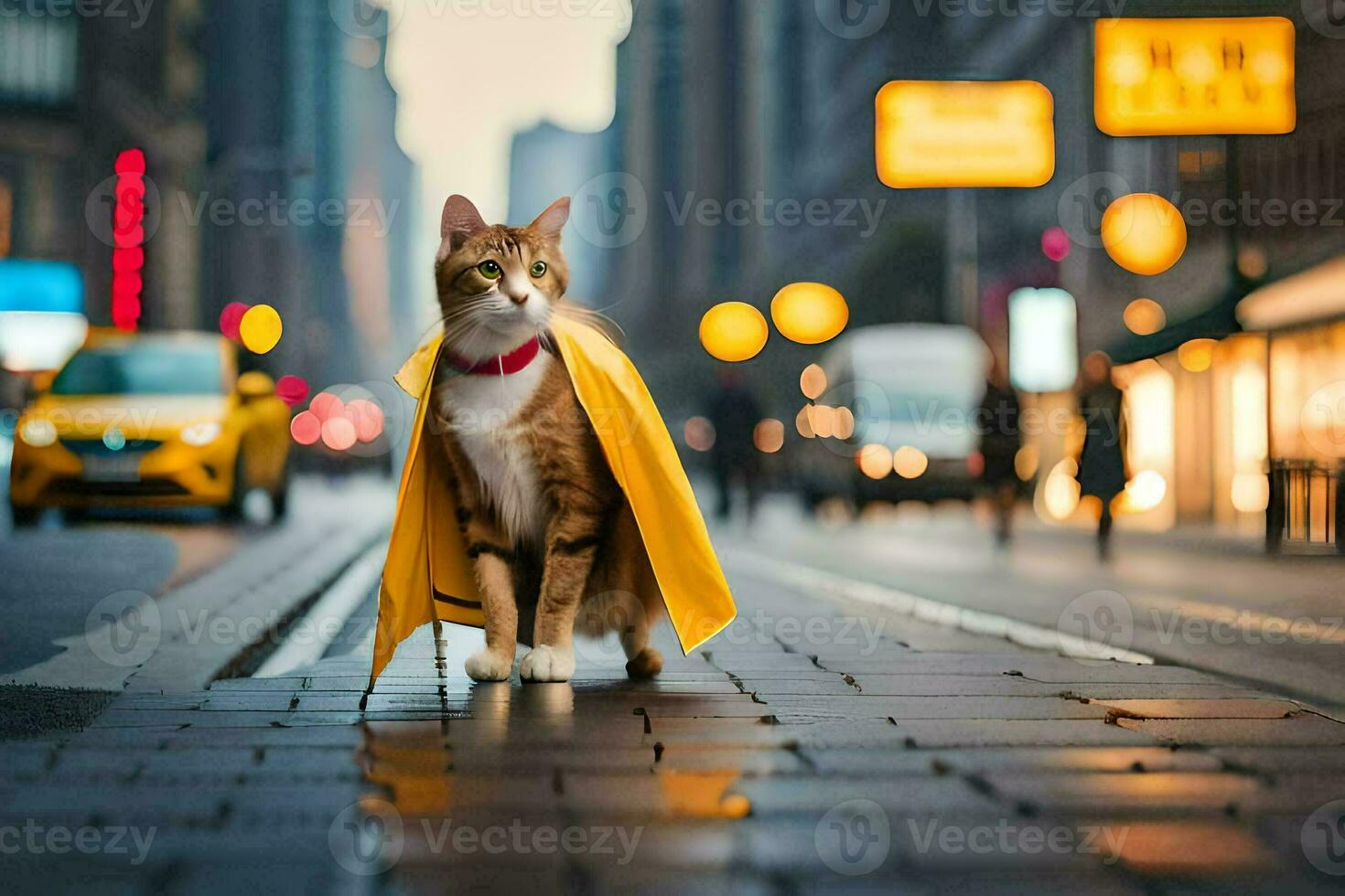 een kat vervelend een geel kaap Aan een stad straat. ai-gegenereerd foto