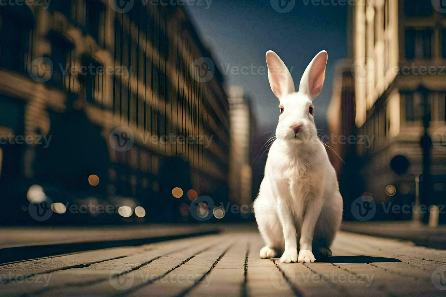 een wit konijn zittend Aan de straat in voorkant van hoog gebouwen. ai-gegenereerd foto
