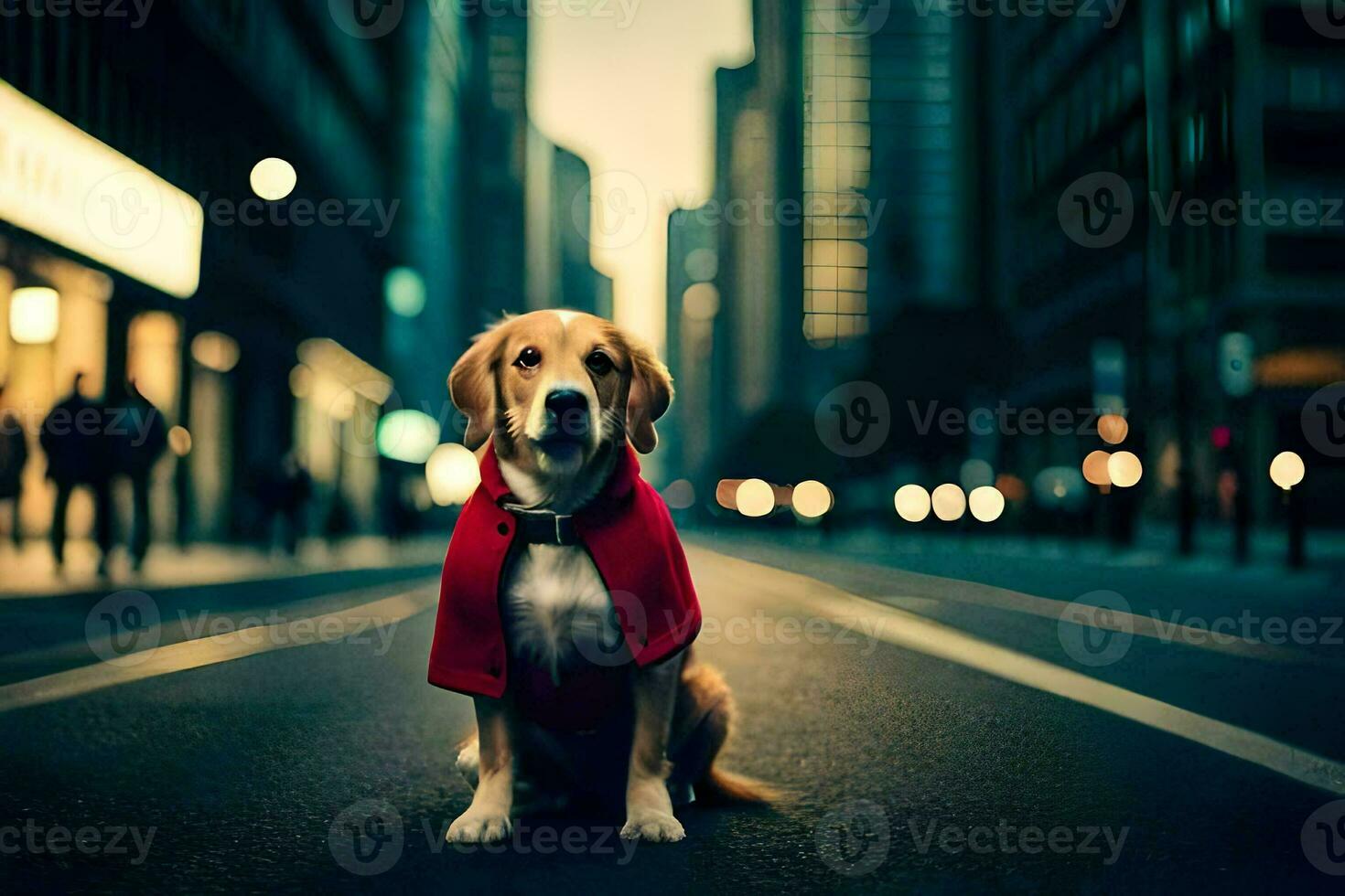 een hond vervelend een rood kaap zit Aan de straat. ai-gegenereerd foto