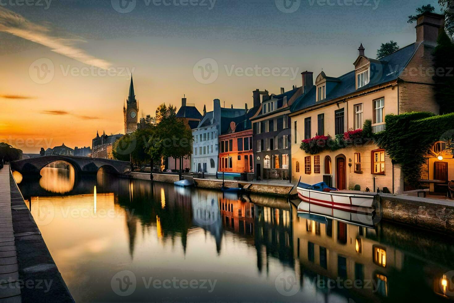 de zon sets over- een kanaal in Brugge, belgië. ai-gegenereerd foto