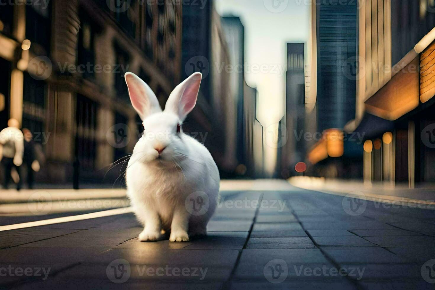 een wit konijn is staand in de midden- van een stad straat. ai-gegenereerd foto