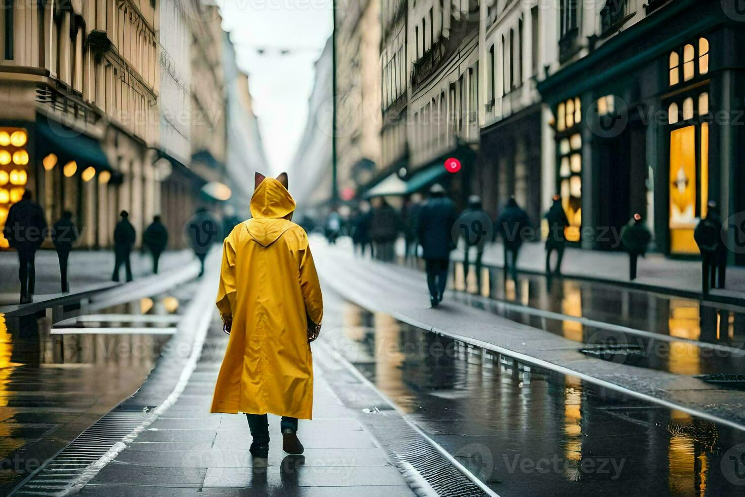 een persoon in een geel regenjas wandelen naar beneden een stad straat. ai-gegenereerd foto