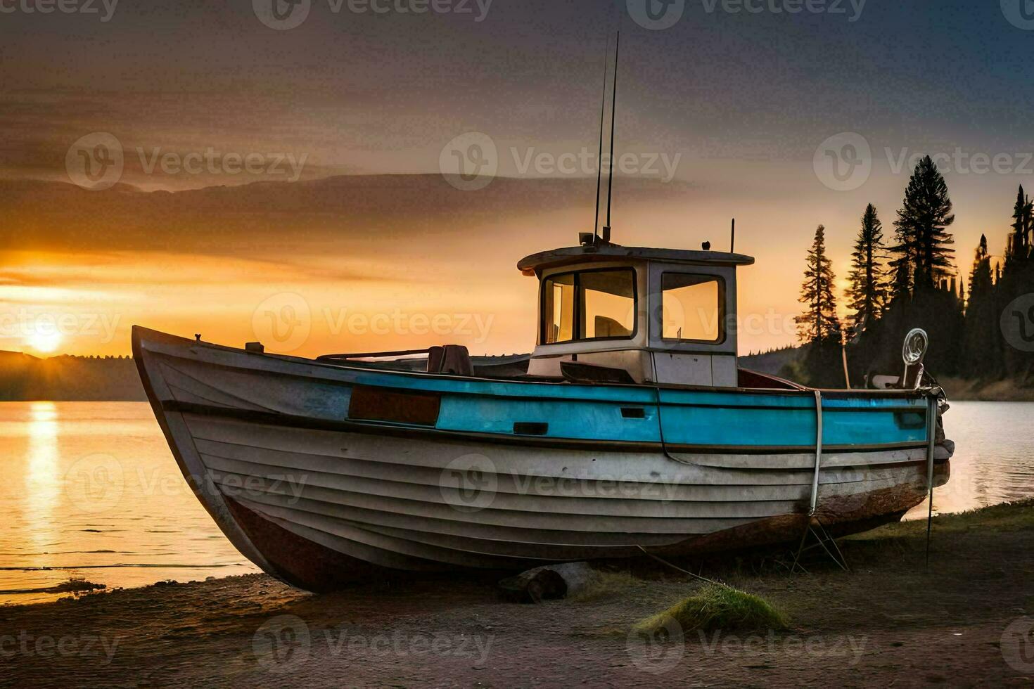 een boot zit Aan de kust van een meer Bij zonsondergang. ai-gegenereerd foto