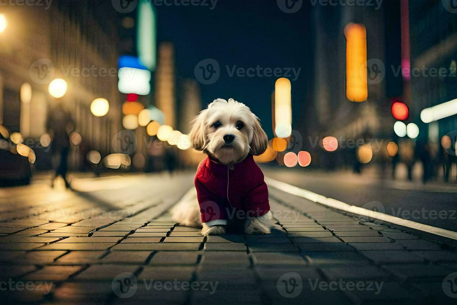 een hond in een rood trui zittend Aan de straat Bij nacht. ai-gegenereerd foto