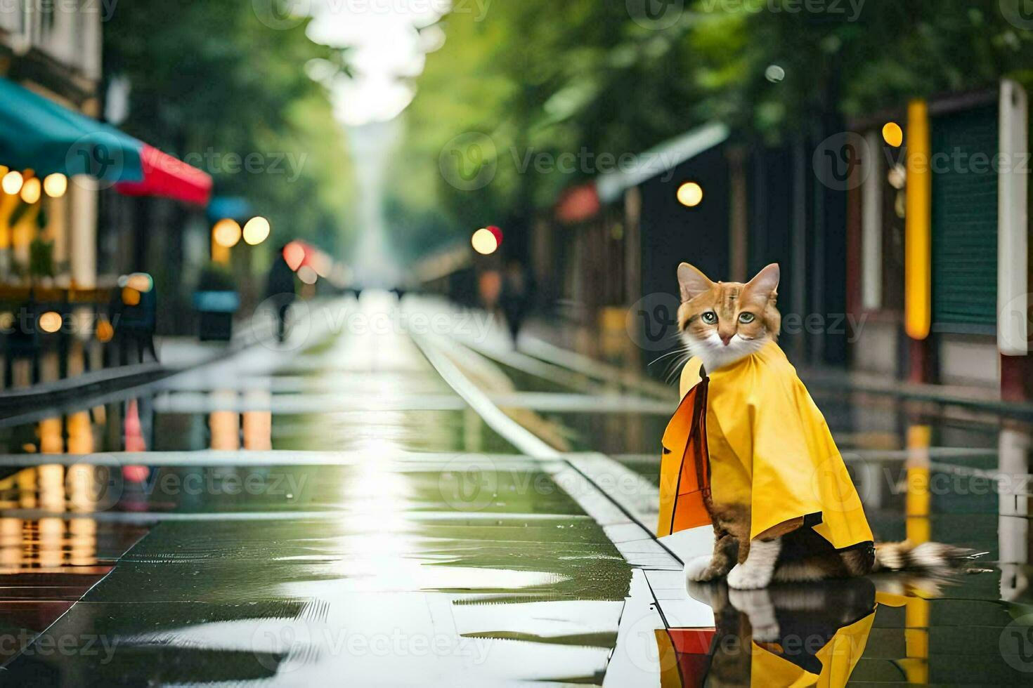 een kat in een regenjas staand Aan een nat straat. ai-gegenereerd foto