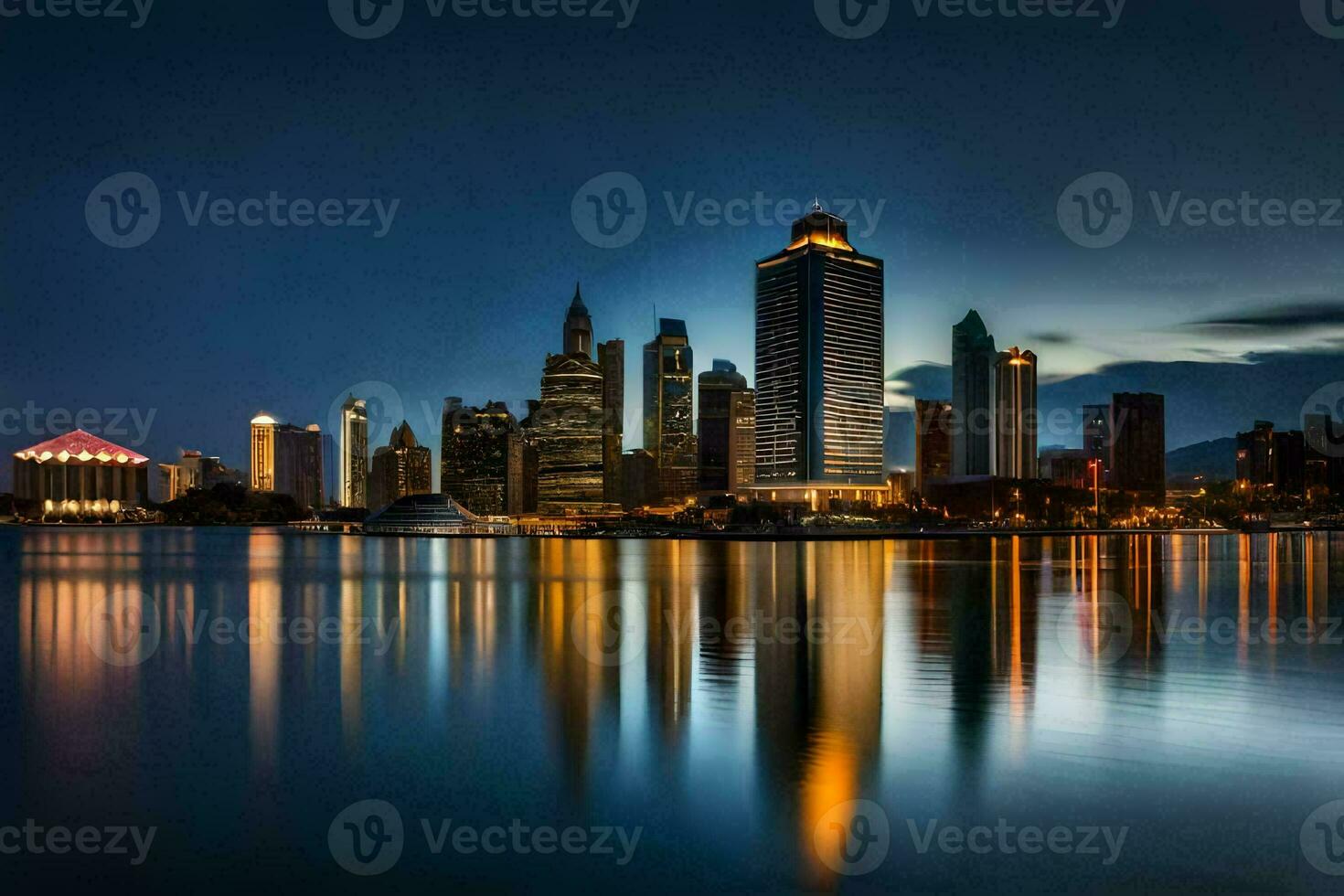 de stad horizon Bij nacht met de reflectie van de water. ai-gegenereerd foto