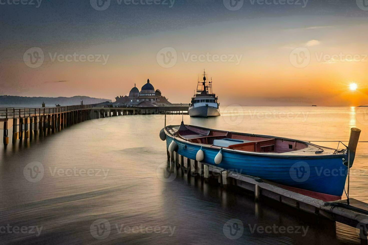 een boot aangemeerd Bij de pier Bij zonsondergang. ai-gegenereerd foto