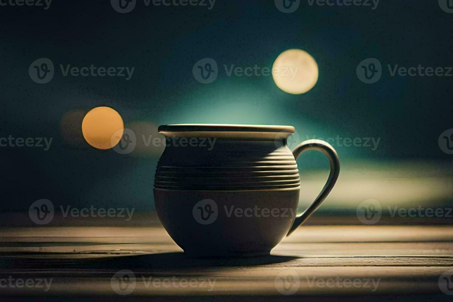 een koffie kop zittend Aan een tafel in voorkant van een wazig achtergrond. ai-gegenereerd foto
