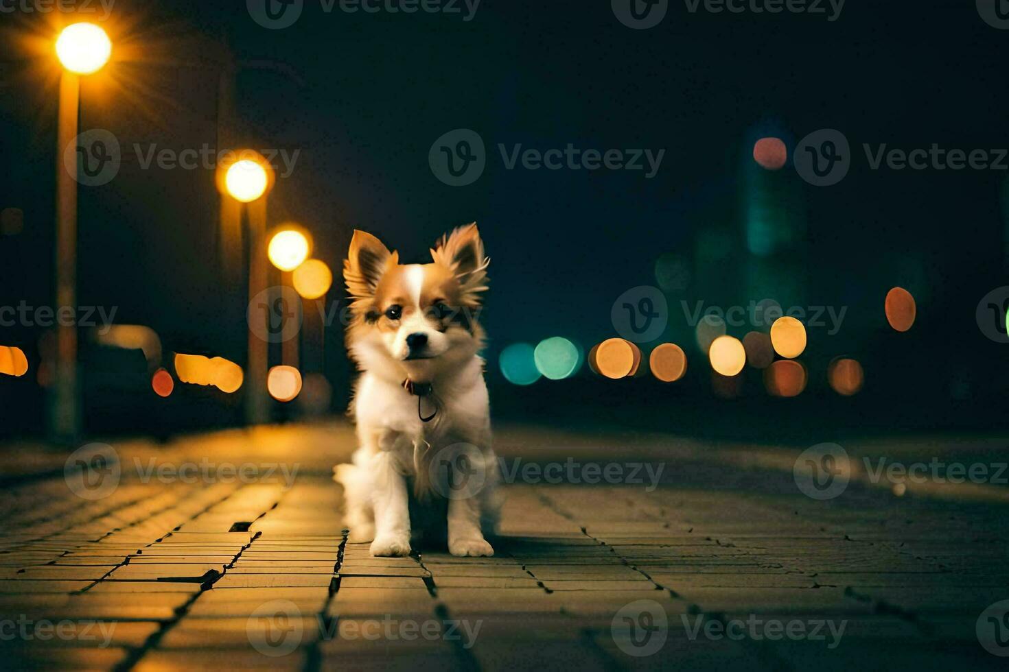 foto behang de nacht, hond, straat, stad, lichten, lichten, de stad, lichten. ai-gegenereerd