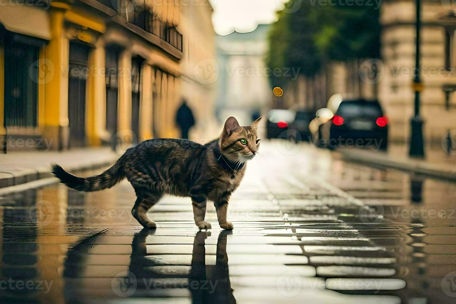 een kat wandelen aan de overkant een nat straat in de stad. ai-gegenereerd foto