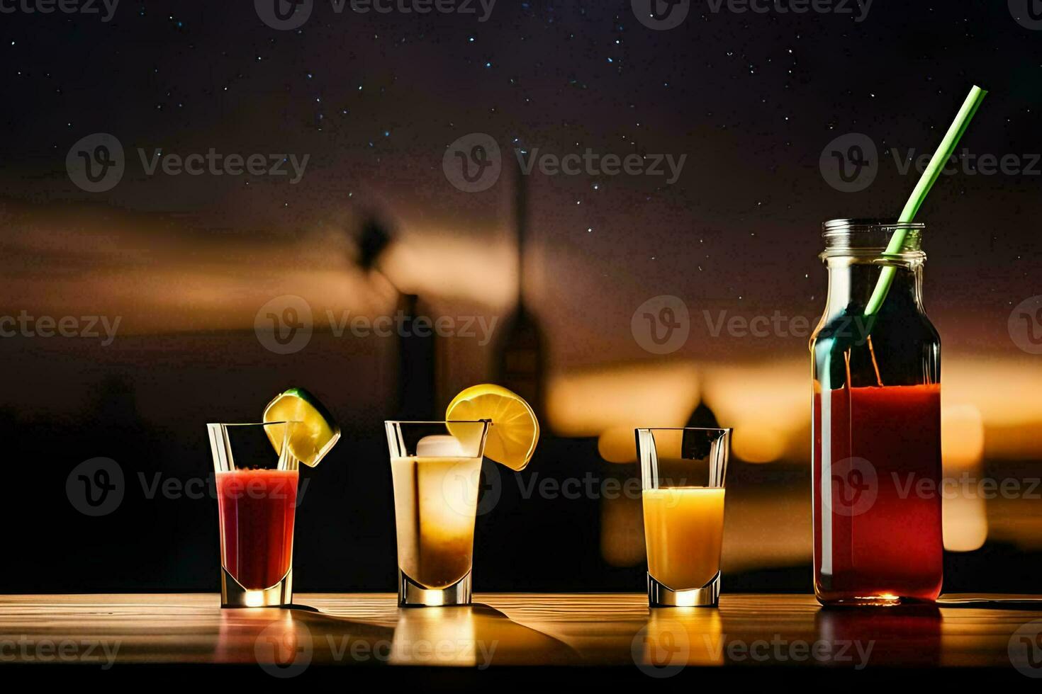 een groep van drankjes Aan een tafel met een nacht lucht in de achtergrond. ai-gegenereerd foto