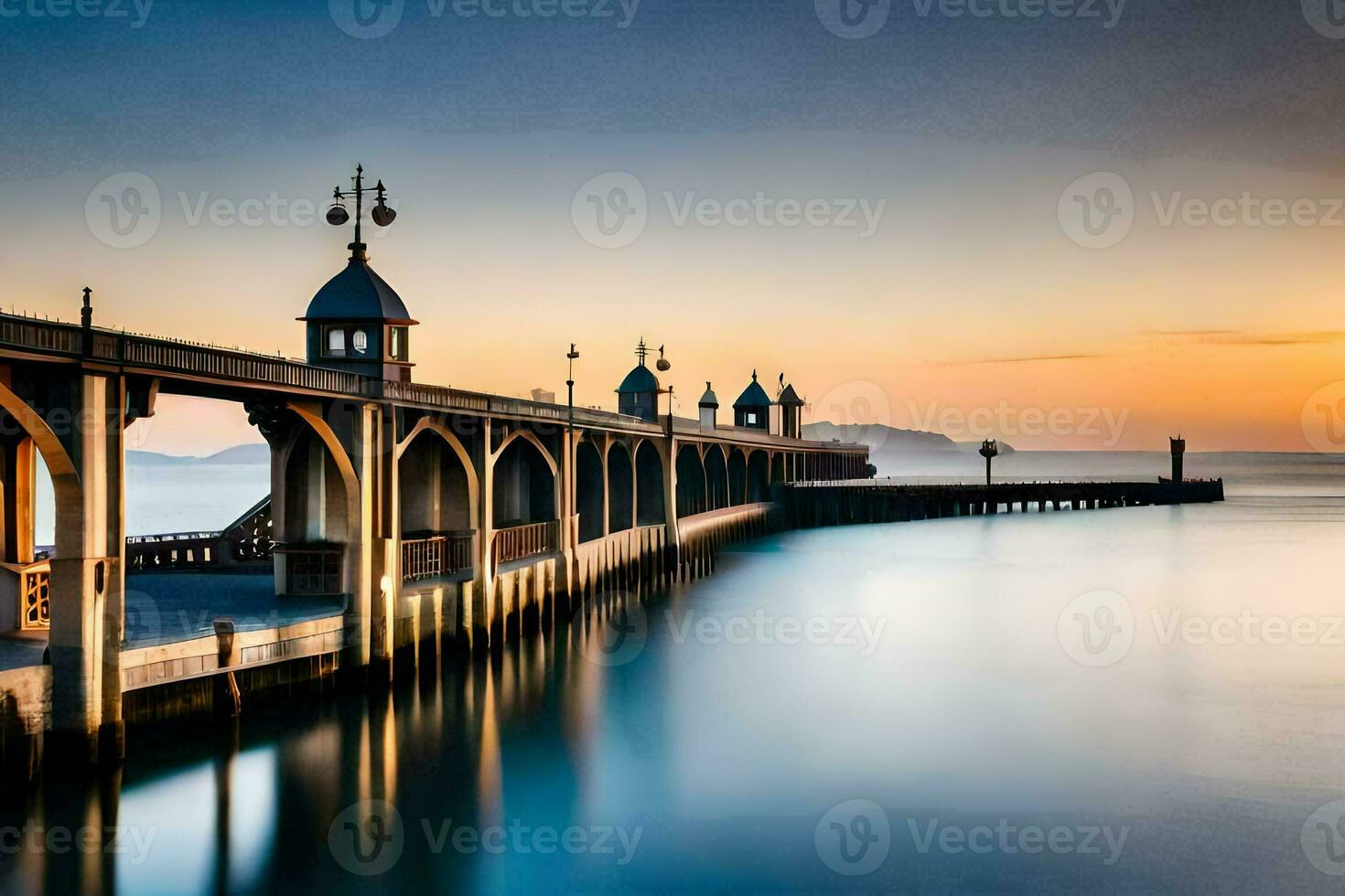 een pier met een brug en een gebouw Bij zonsondergang. ai-gegenereerd foto