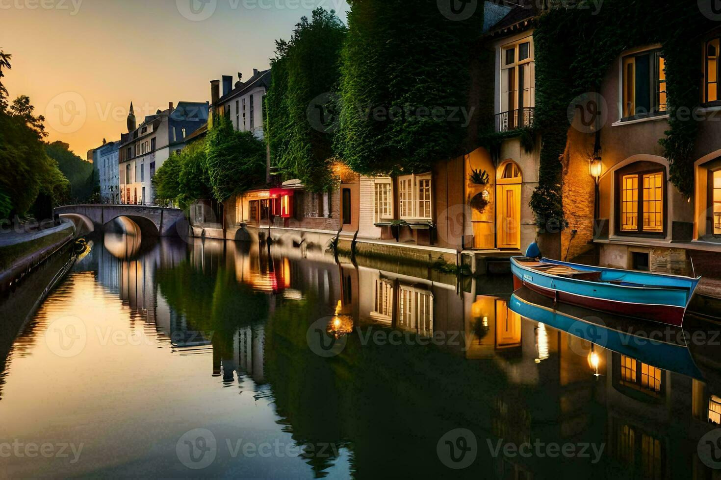 een kanaal in de midden- van een stad Bij zonsondergang. ai-gegenereerd foto