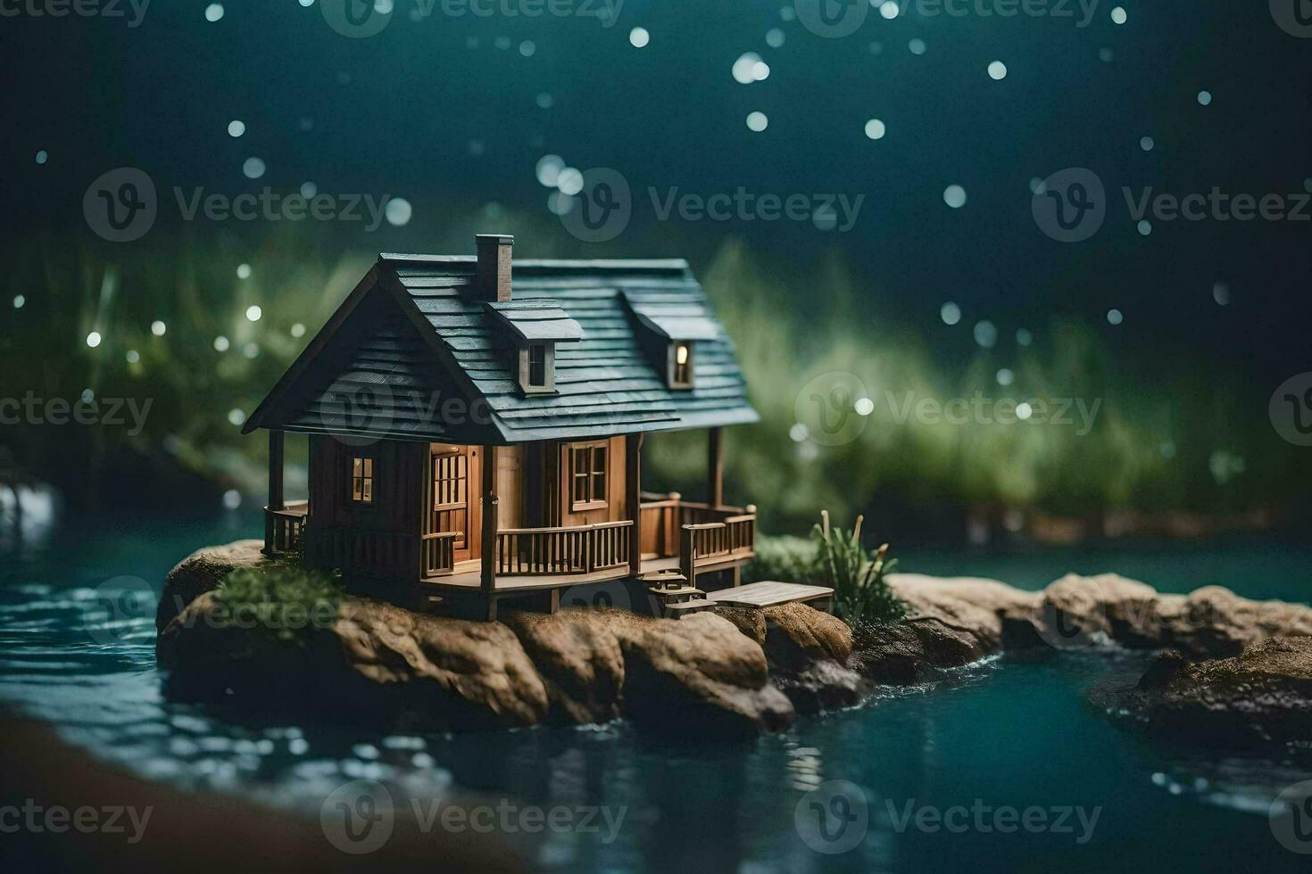 een miniatuur huis Aan een rots in de midden- van een meer. ai-gegenereerd foto