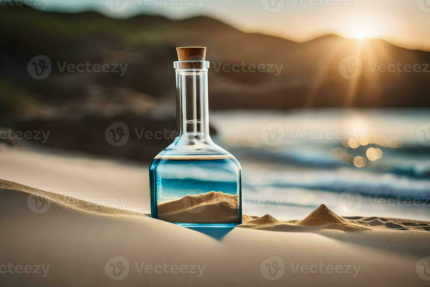 een fles van water Aan de strand. ai-gegenereerd foto