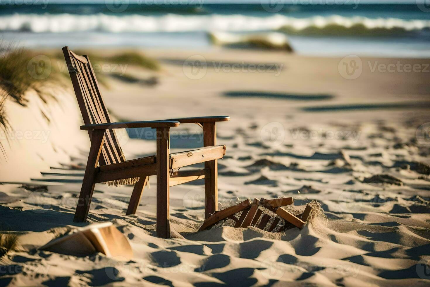 een stoel zit Aan de zand in de buurt de oceaan. ai-gegenereerd foto