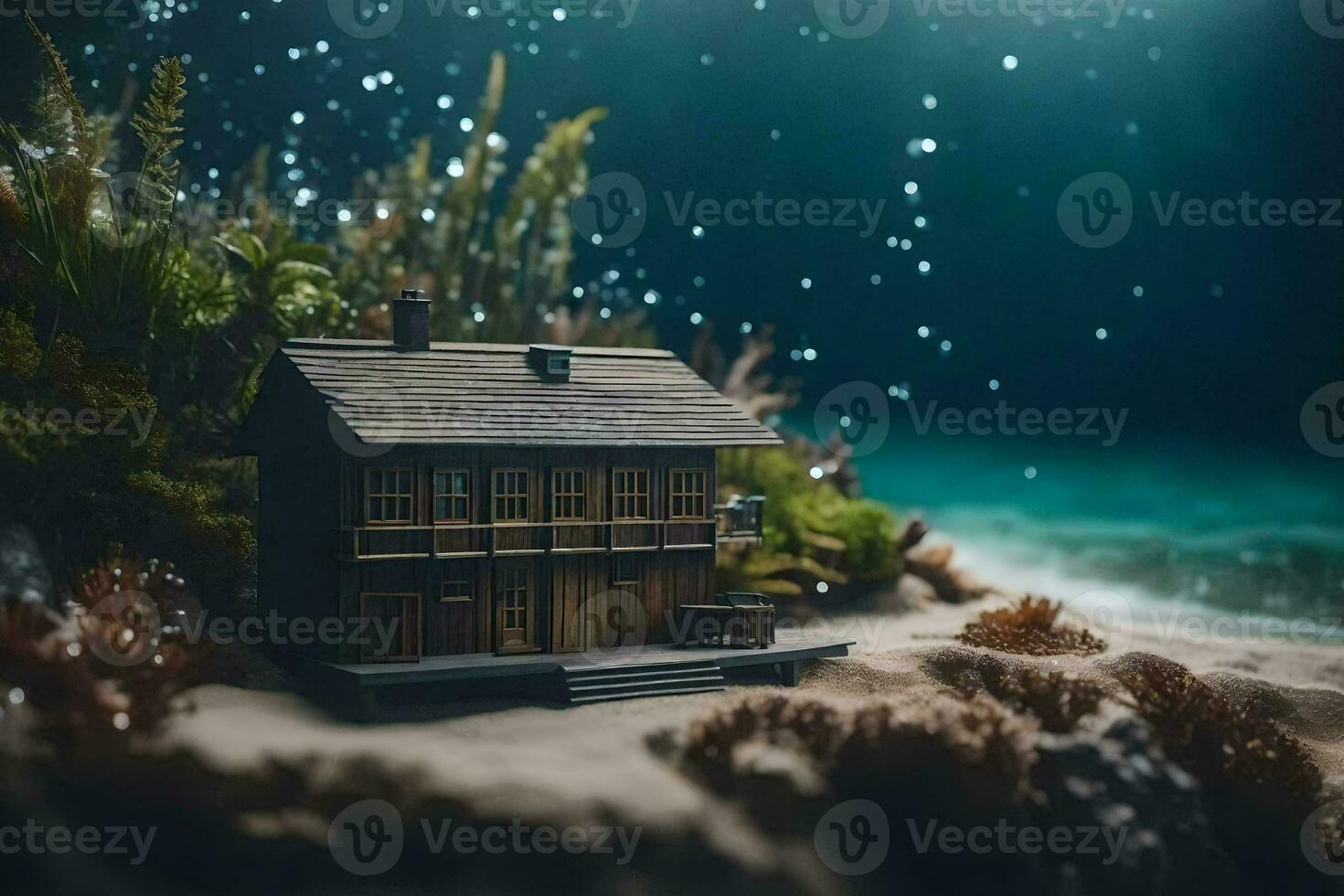 een miniatuur huis Aan de strand Bij nacht. ai-gegenereerd foto