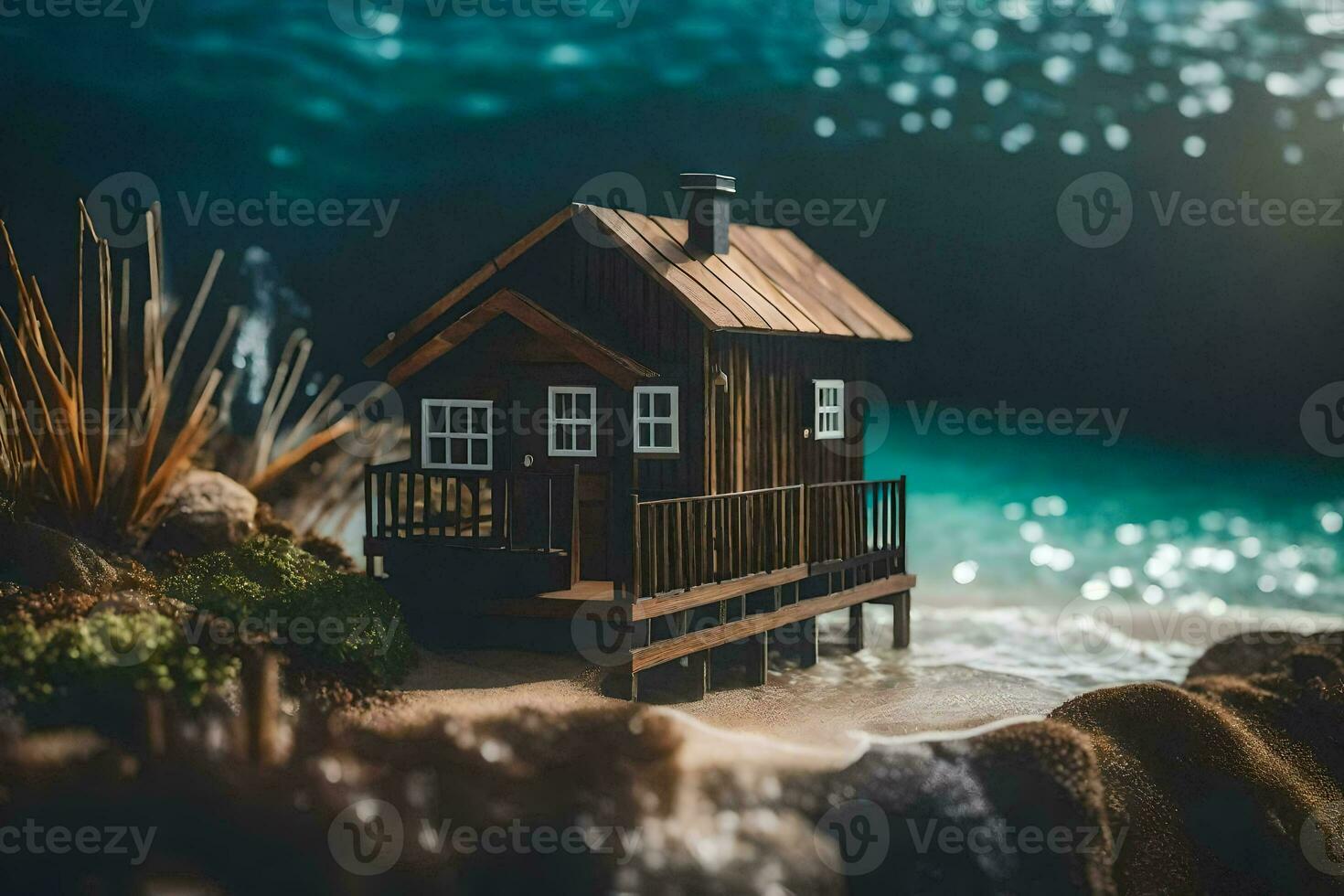 een miniatuur huis Aan de strand met water en een licht. ai-gegenereerd foto