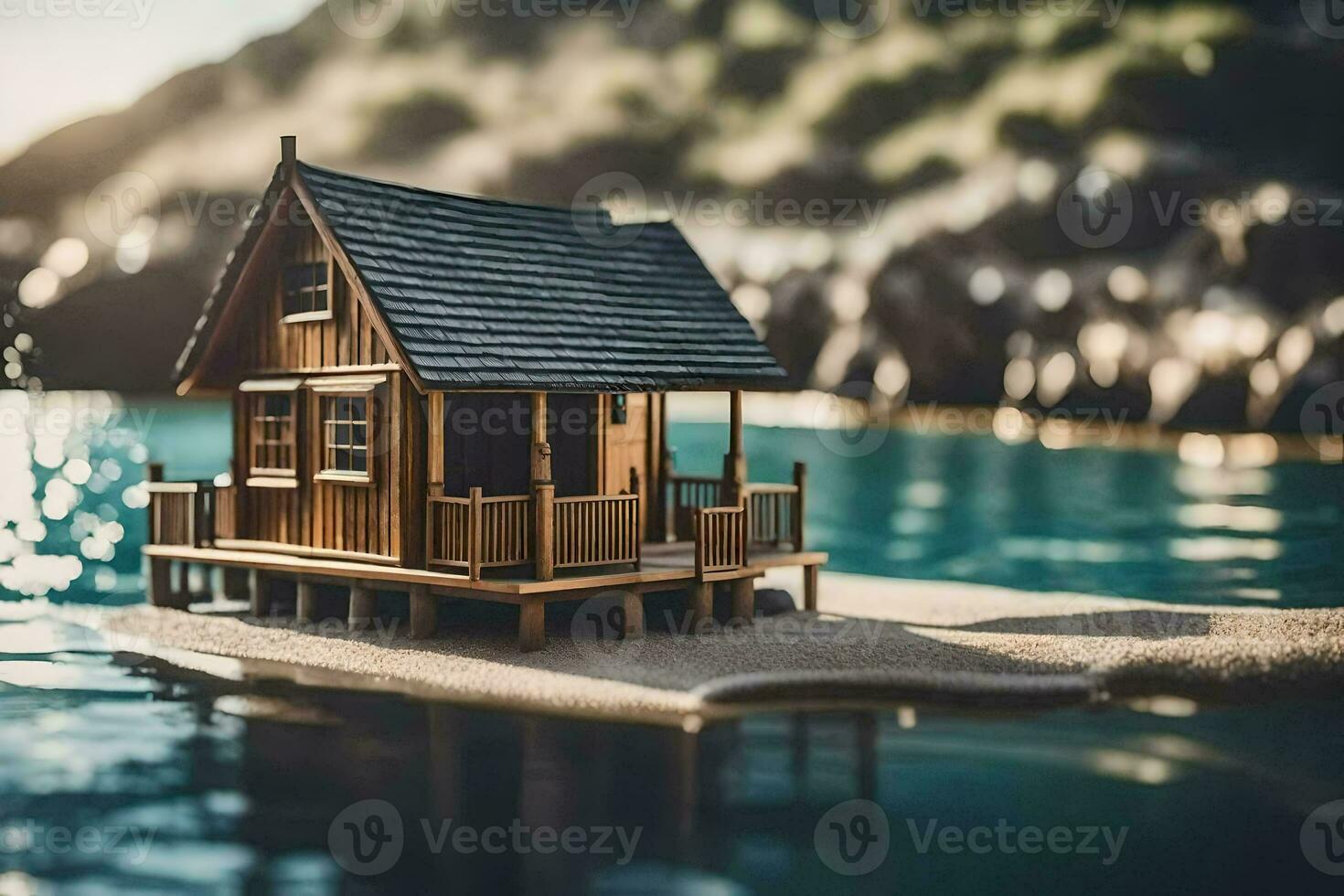 een klein houten huis Aan een klein eiland in de oceaan. ai-gegenereerd foto
