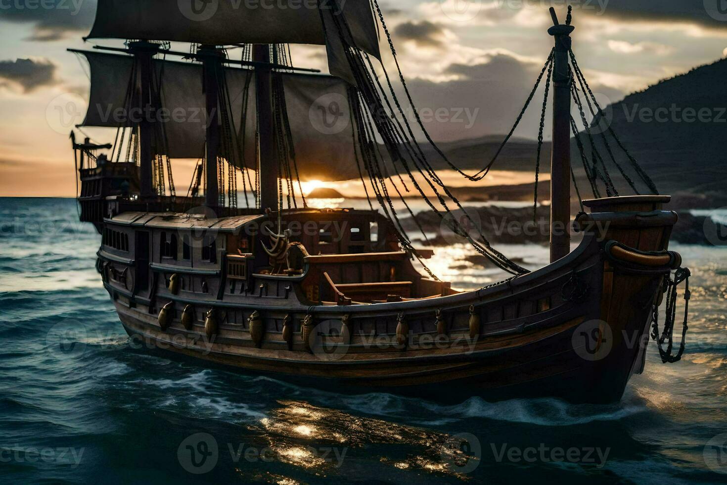 een houten schip in de oceaan Bij zonsondergang. ai-gegenereerd foto