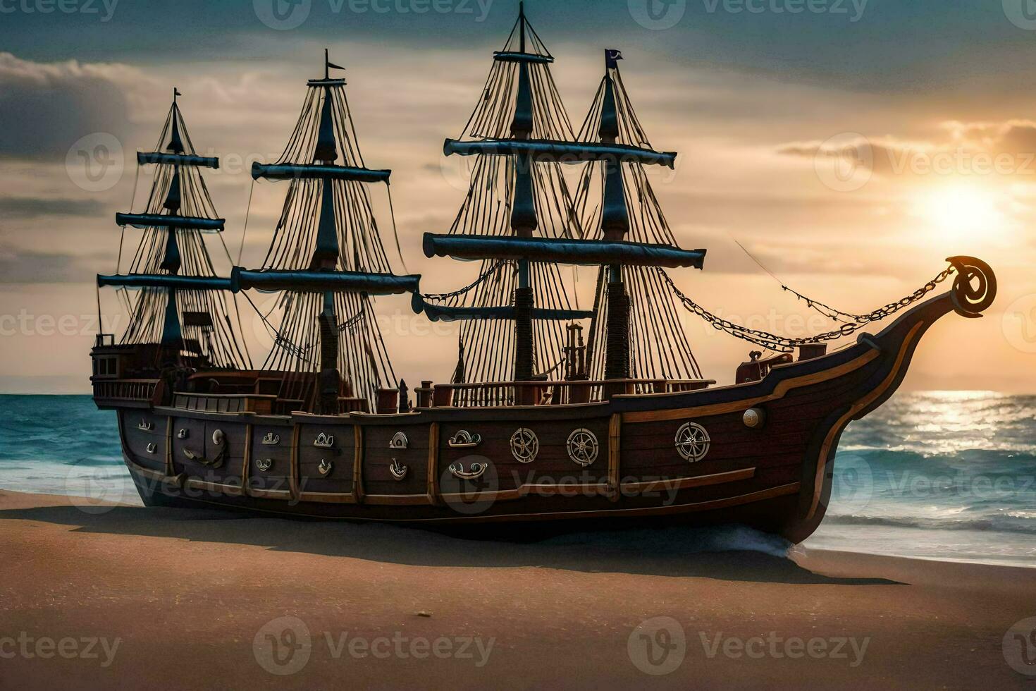 een houten schip Aan de strand Bij zonsondergang. ai-gegenereerd foto