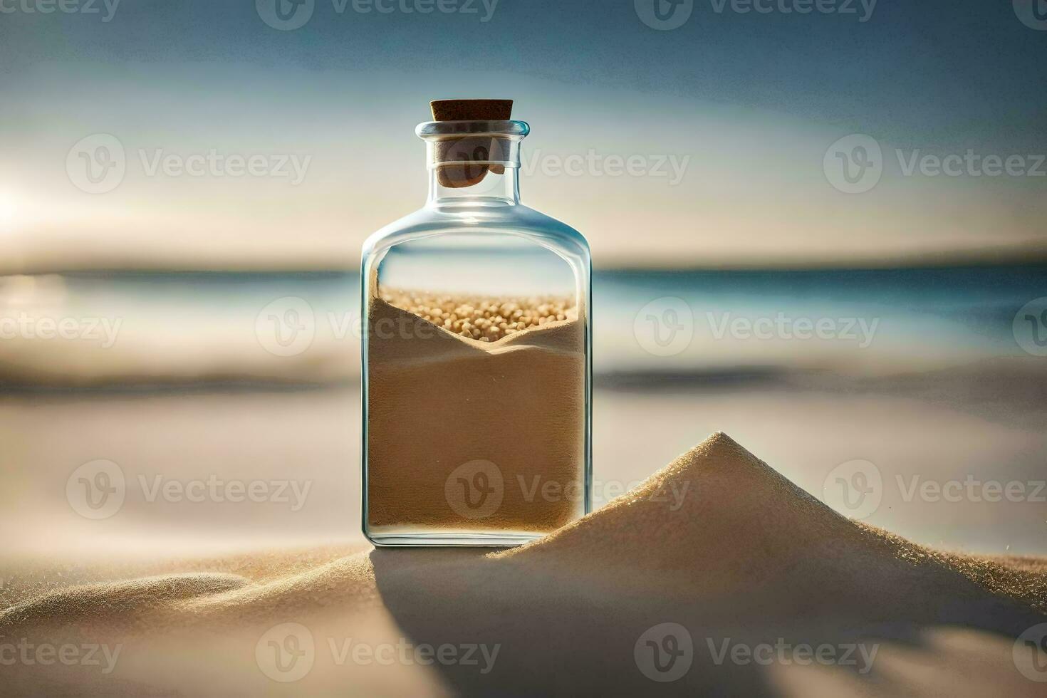 een fles van zand Aan de strand. ai-gegenereerd foto