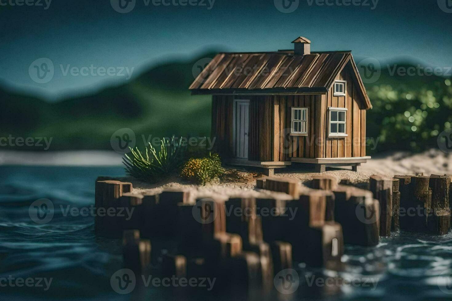 een klein houten huis Aan een klein eiland. ai-gegenereerd foto