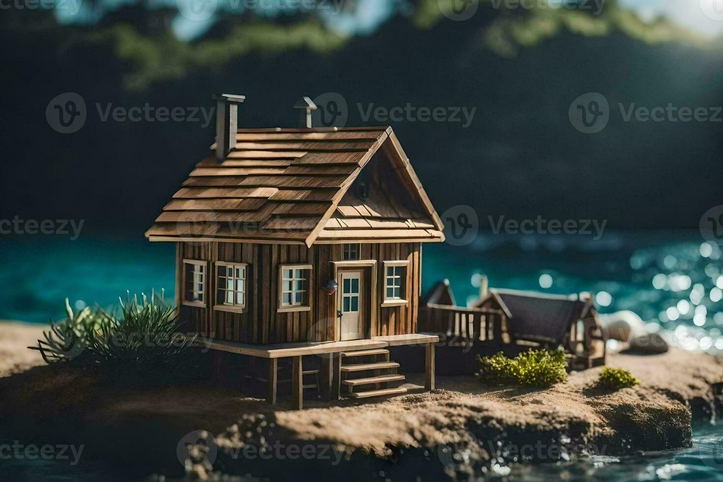 een miniatuur huis Aan een klein eiland. ai-gegenereerd foto