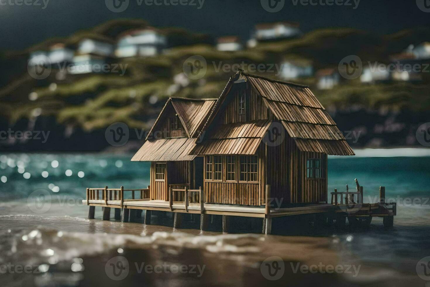 een klein houten huis Aan een pier door de oceaan. ai-gegenereerd foto