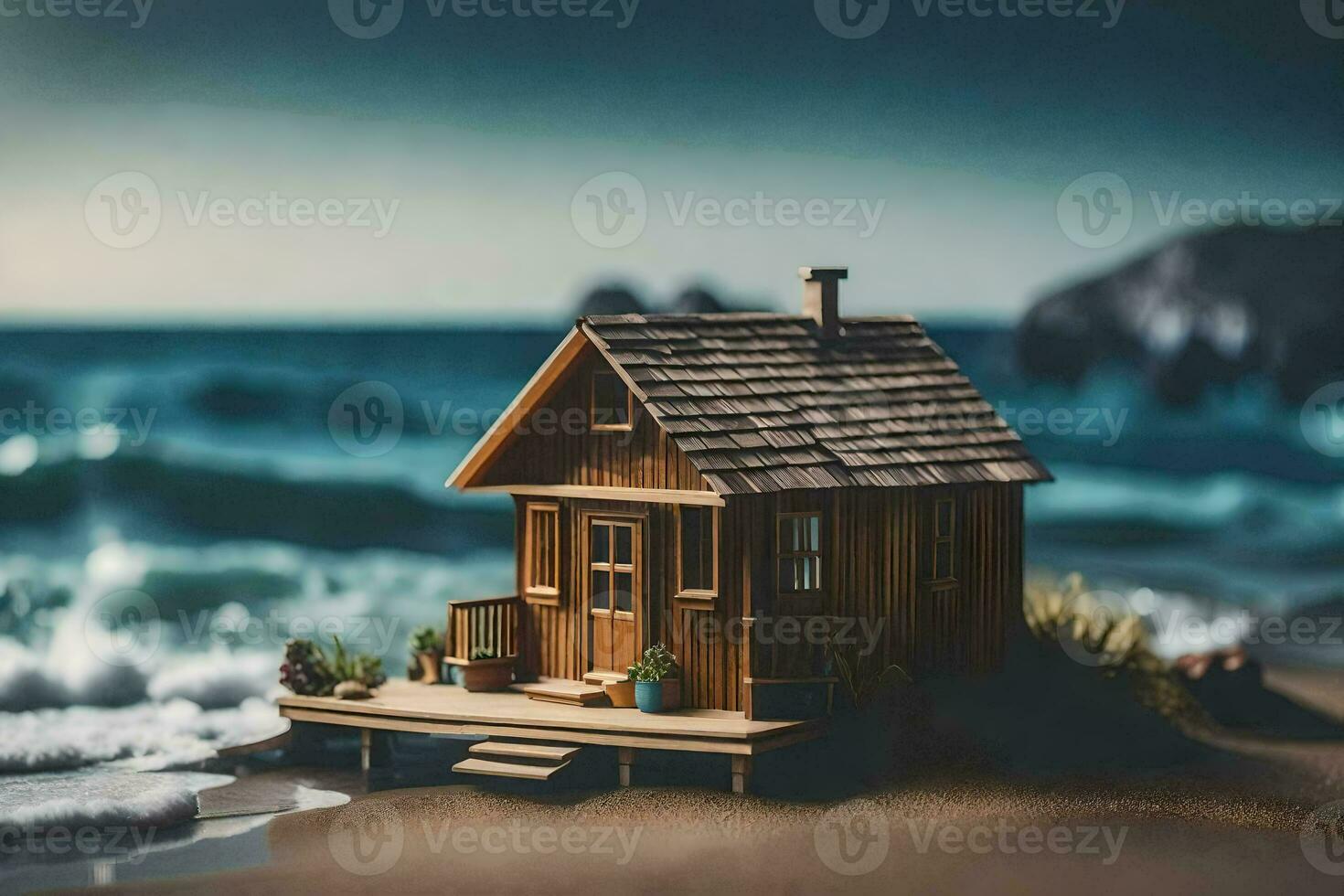 een miniatuur houten huis Aan de strand door de oceaan. ai-gegenereerd foto