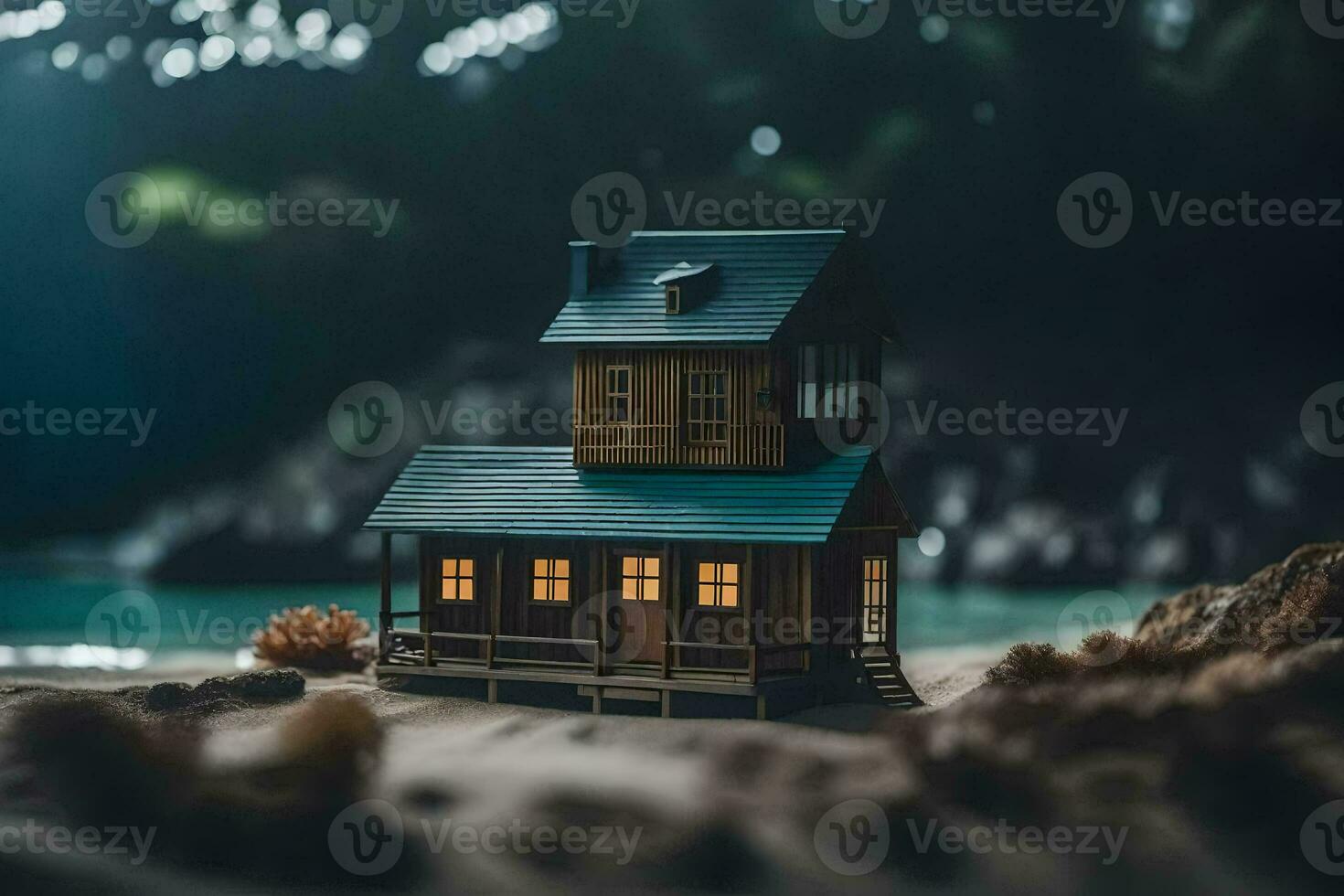 een miniatuur huis Aan de strand Bij nacht. ai-gegenereerd foto