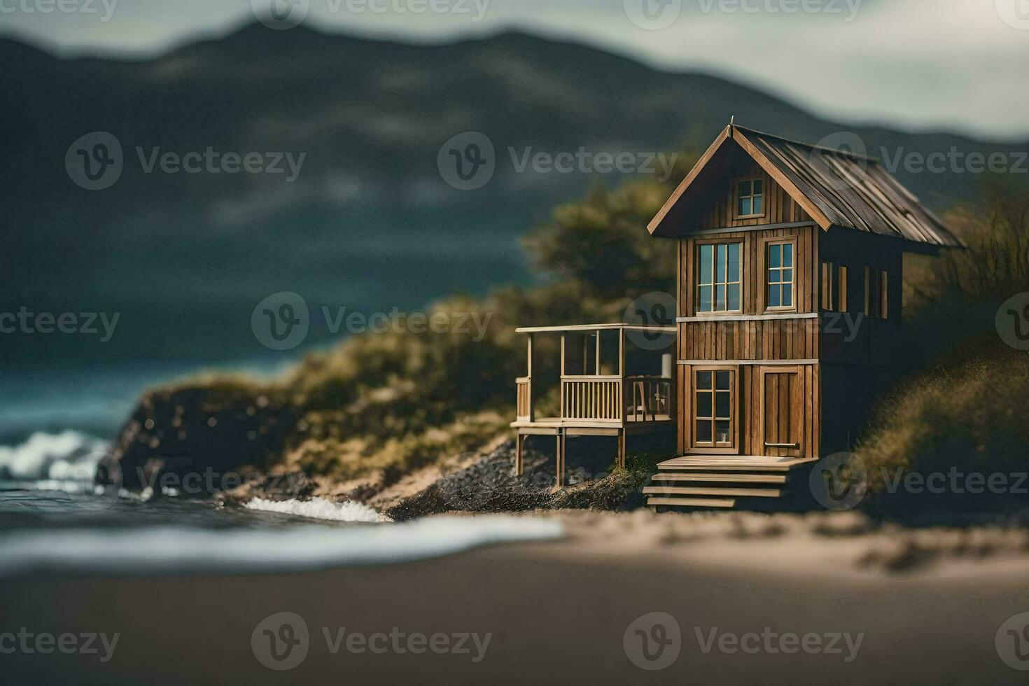 een miniatuur huis Aan de strand door de oceaan. ai-gegenereerd foto