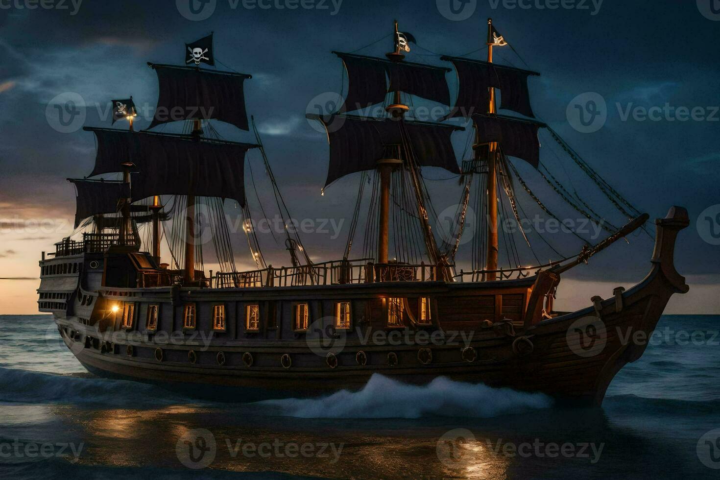 een piraat schip in de oceaan Bij schemering. ai-gegenereerd foto
