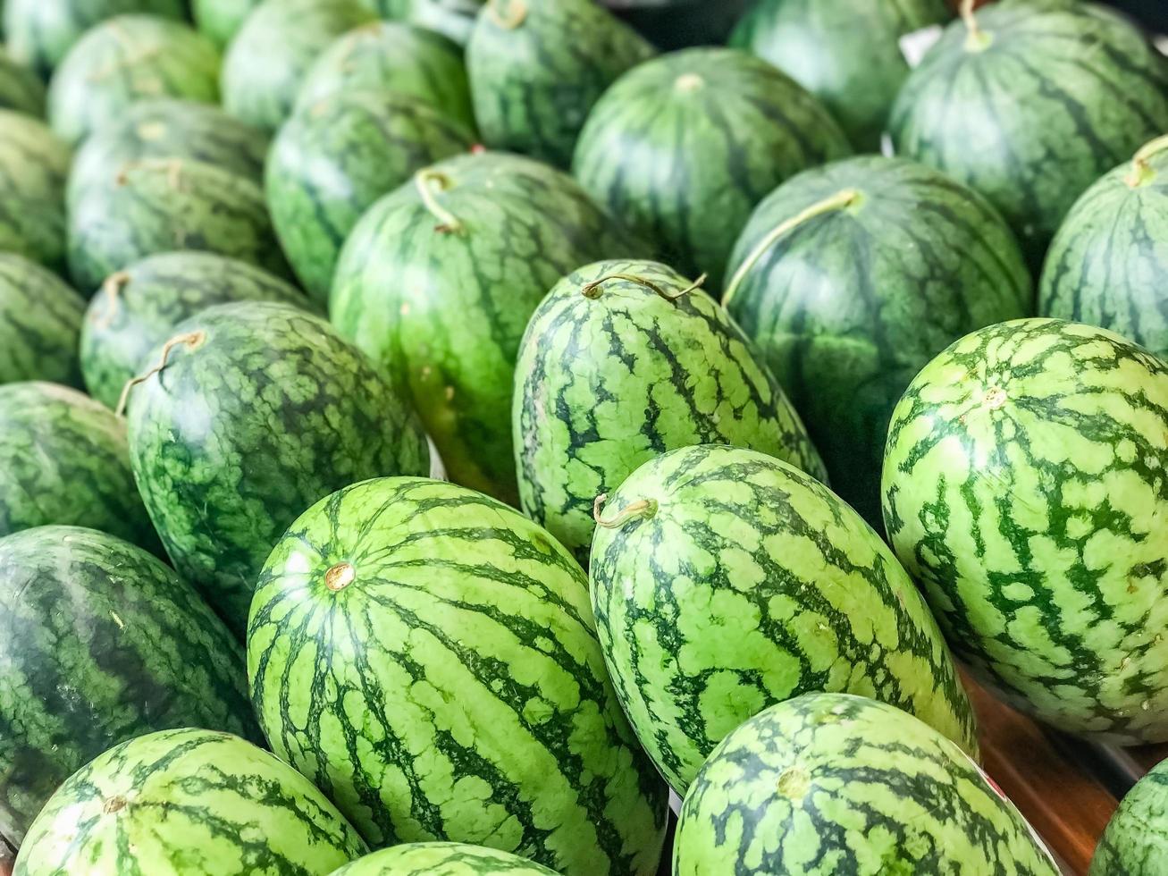 veel grote zoete groene biologische rijpe watermeloenen in de supermarkt foto