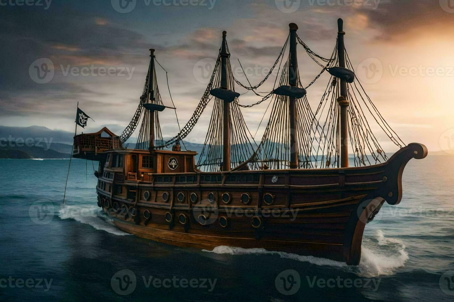 een houten piraat schip in de oceaan. ai-gegenereerd foto