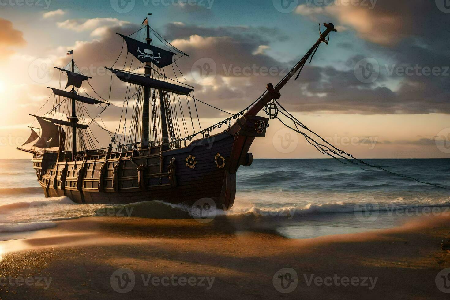 een piraat schip is Aan de strand Bij zonsondergang. ai-gegenereerd foto