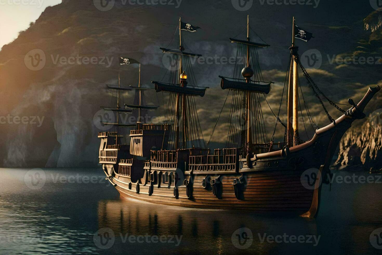 een piraat schip is drijvend in de water. ai-gegenereerd foto
