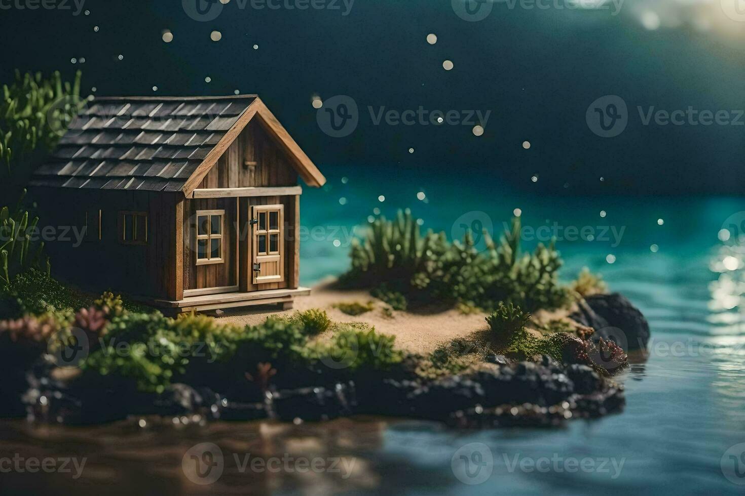 een miniatuur huis Aan een klein eiland door de water. ai-gegenereerd foto