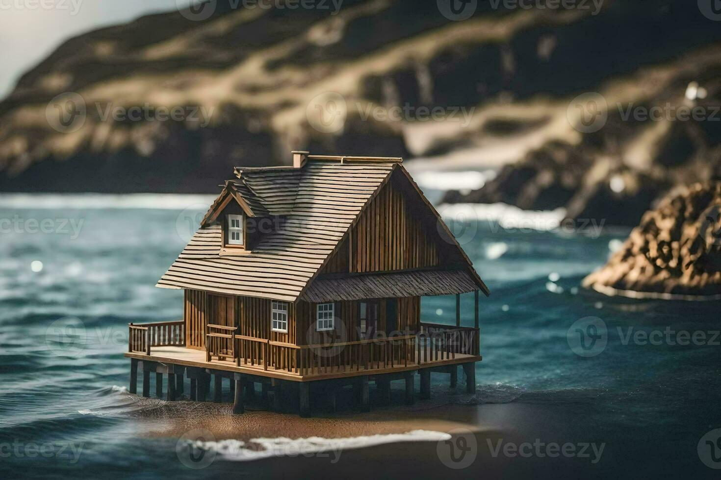 een miniatuur huis Aan de strand. ai-gegenereerd foto