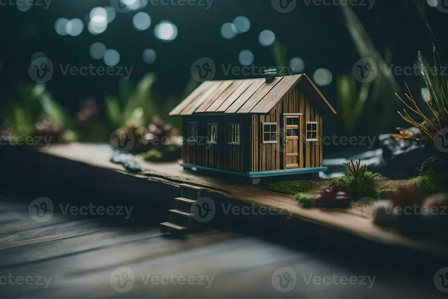 een miniatuur huis Aan een houten tafel met lichten. ai-gegenereerd foto