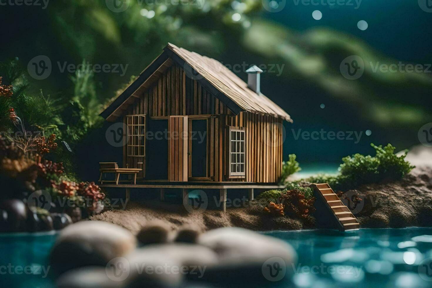 een miniatuur huis Aan de kust van een meer. ai-gegenereerd foto