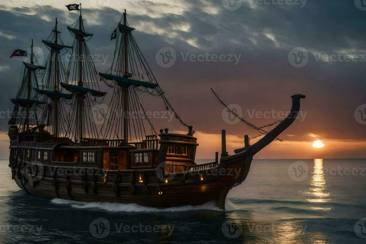 een piraat schip het zeilen in de oceaan Bij zonsondergang. ai-gegenereerd foto