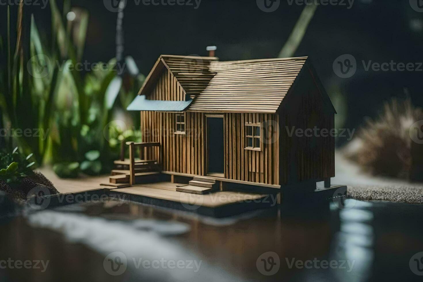 een miniatuur houten huis Aan een vijver. ai-gegenereerd foto