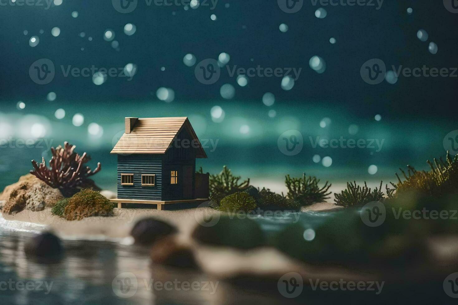 een miniatuur huis Aan de strand in de regen. ai-gegenereerd foto