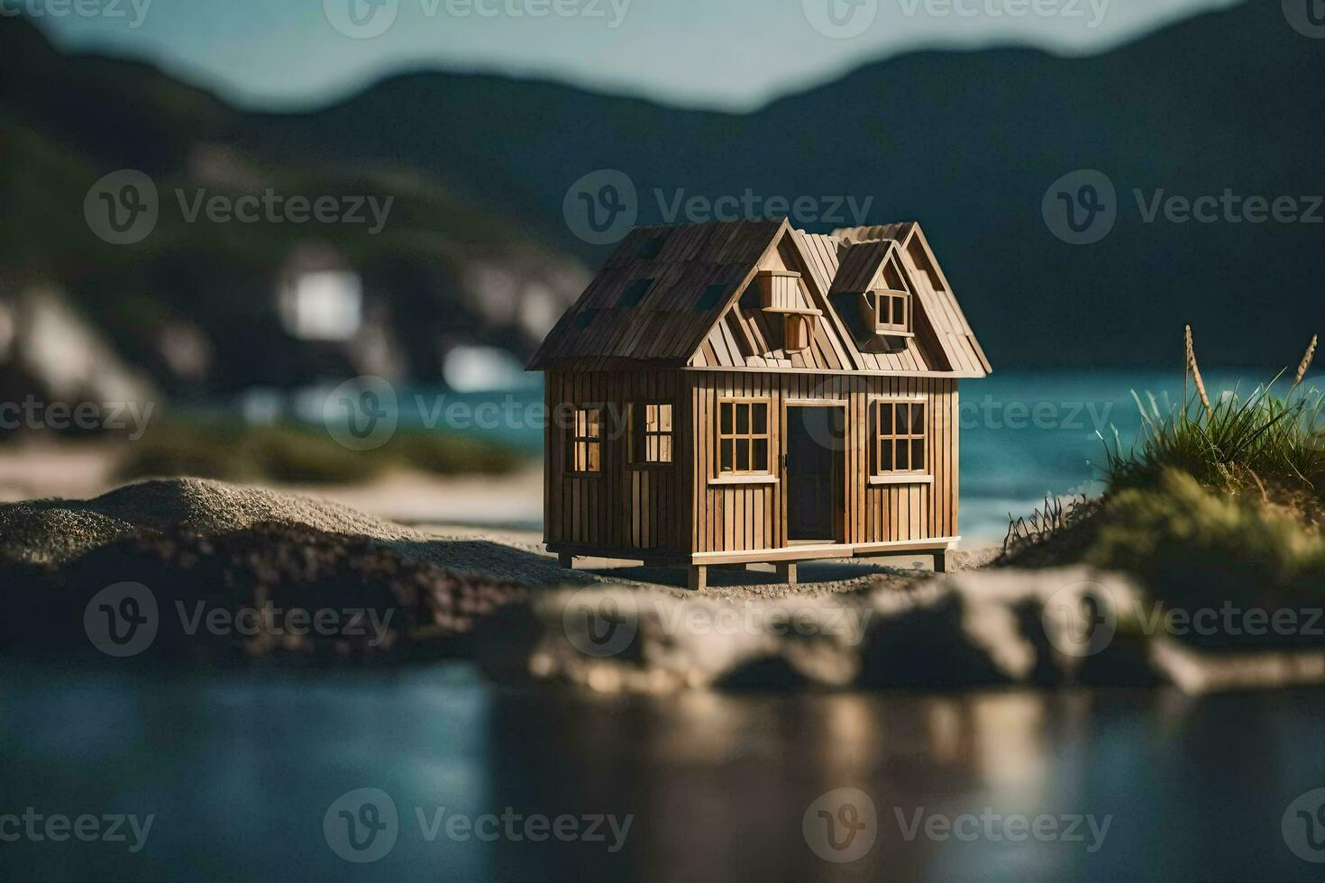 een miniatuur huis Aan de strand. ai-gegenereerd foto