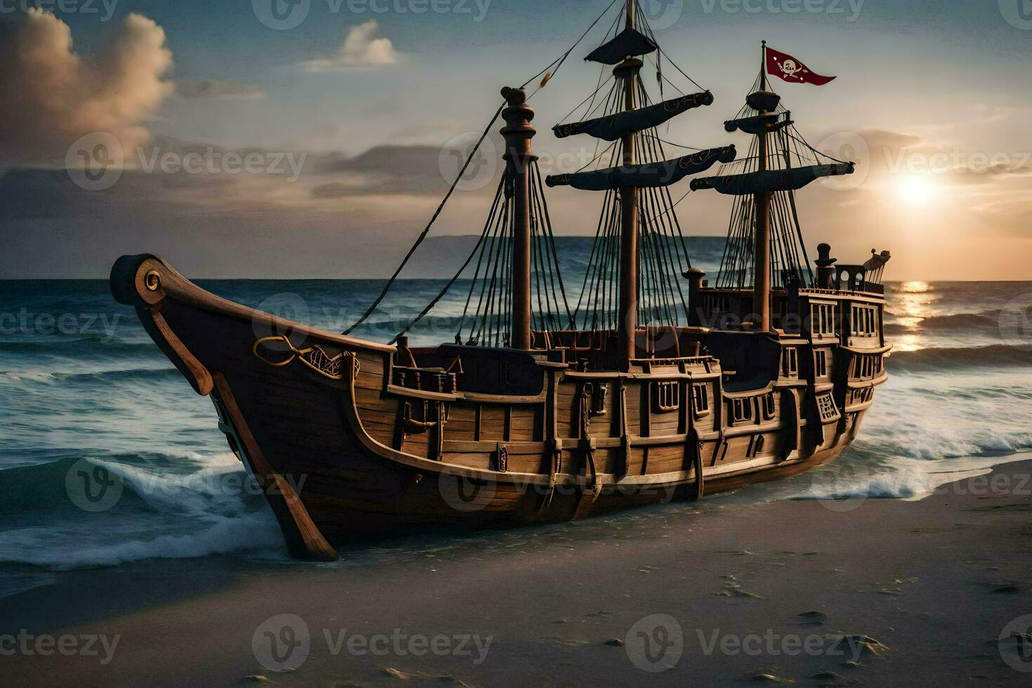 een houten piraat schip Aan de strand Bij zonsondergang. ai-gegenereerd foto