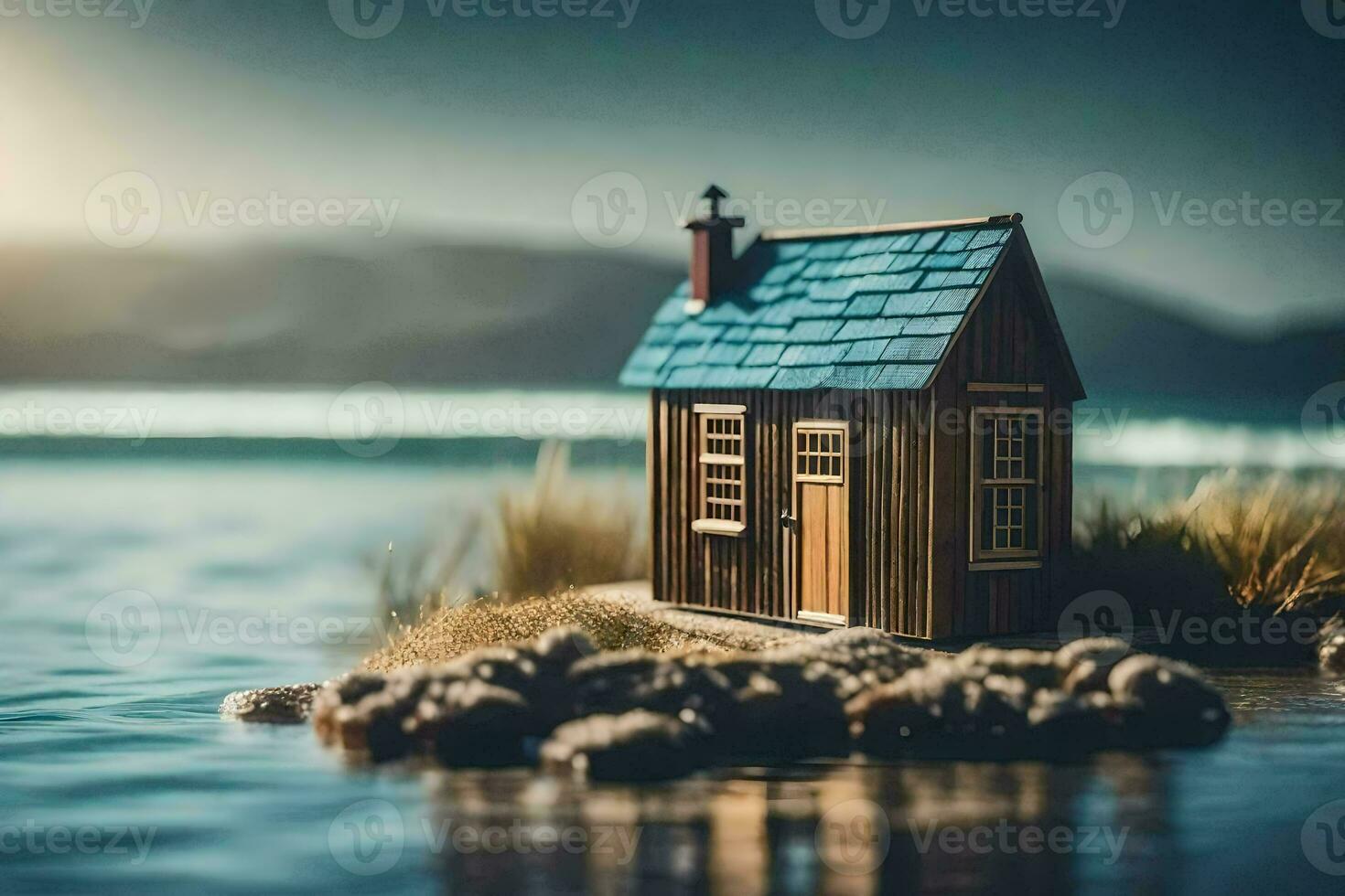 een miniatuur huis zit Aan de kust van een meer. ai-gegenereerd foto